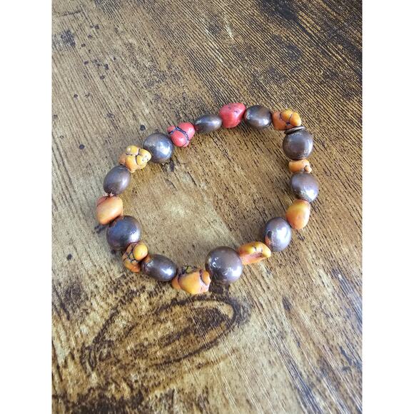 Vintage Y2K Single Strand Beaded Bracelet Silver Tone w/ Yellow and Red Rocks - Picture 2 of 3